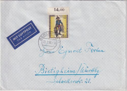 Berlin - 25 Pfg. Tag d. Briefmarke Oberrand Luftpostbrief SW11 - Bietigheim 1956