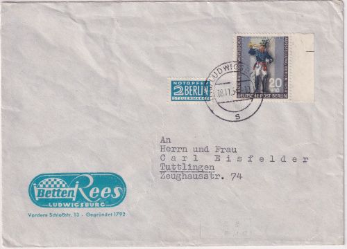 Berlin - 20 Pfg. Tag d. Briefmarke + NO Brief Ludwigsburg - Tuttlingen 1954