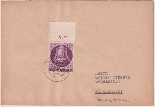 Berlin - 40 Pfg. Glocke links Oberrand Brief Marburg - Förderstedt 1952
