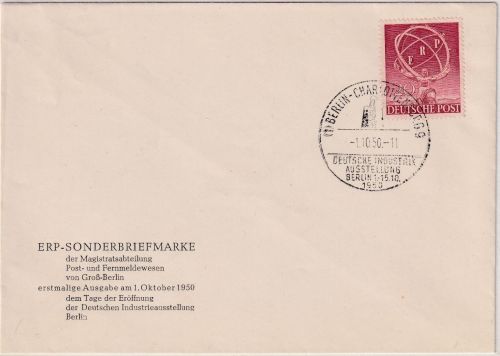 Berlin - 20 Pfg ERP Marshall-Plan amtl. Schmuck-FDC 1.10.50 ESST Charlottenburg