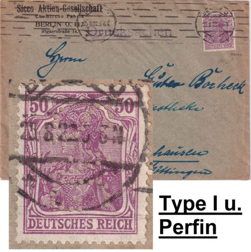 DR - 60 Pfg. Germania Type I Perfin "SAG" Drucksache Berlin 25.8.22
