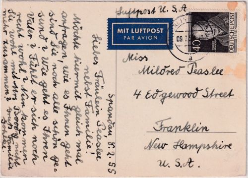 Berlin - 40 Pfg. Humboldt Luftpostkarte n. USA Spandau - Franklin 1955