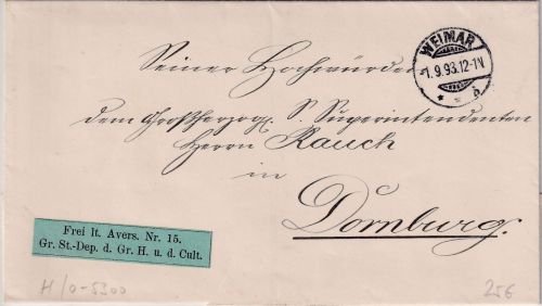 DR - Weimar 1893 Frei lt. Avers Nr. 15 grüner Klebezettel Dienstbrief n Dornburg