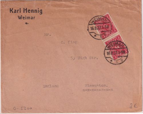 DR-Infla - 3 M. Posthorn senkr. Paar Brief n. ENGLAND Wweimar Wincanton 16.8.22