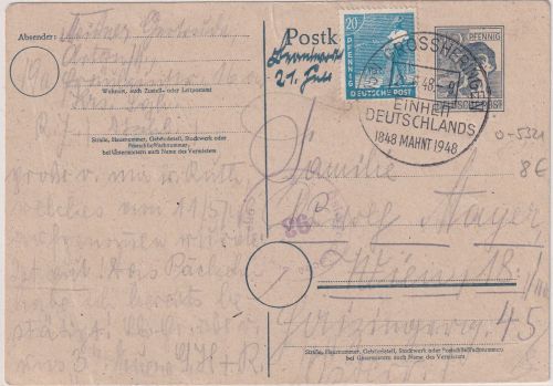 All.Bes. - 12 Pfg. Arbeiter Ganzsache+Zusatz n. ÖSTERREICH SST Großheringen 1948