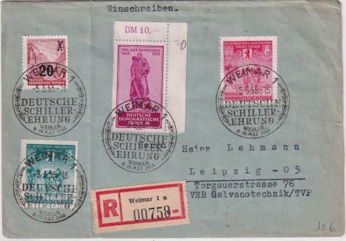 DDR - Weimar Deutsche Sillerehrung 1955 SST Einschreibebrief n. Leipzig