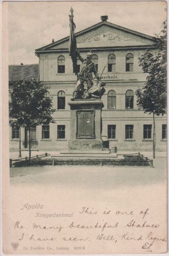 Thüringen - Apolda Schule Kriegerdenkmal sw-AK gelaufen 1901