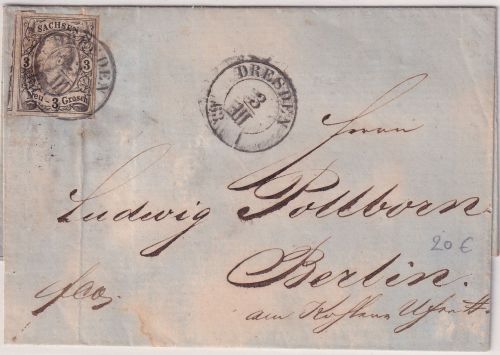 Sachsen - 3 Ngr. Johann I. Brief K2 Dresden 3.III.63 n. Berlin