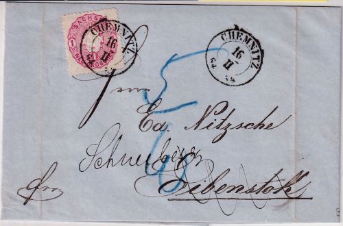 Sachsen - 1 Ngr. Wappen Brief K2 Chemnitz - Eibenstoch 1864 Weiterltg. Nachporto