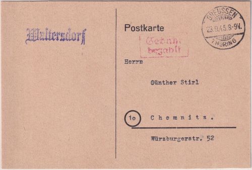 All.Bes. - Waltersdorf Innendienst-/Aushilfs-L1 Karte Creussen Chemnitz 23.9.45
