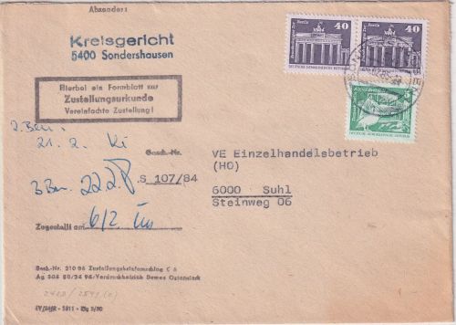 DDR - 2x40+5 Pfg. Aufbau/Kleinformat Zustellurkunde Sondershausen - Suhl 1985