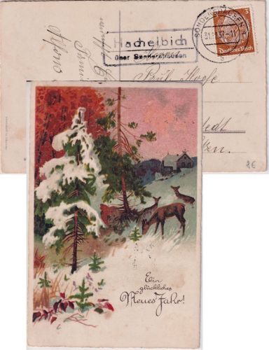 DR - Hachelbich ü. Sondershausen Landpost-Ra2 Neujahrskarte n. Rohnstedt 1937