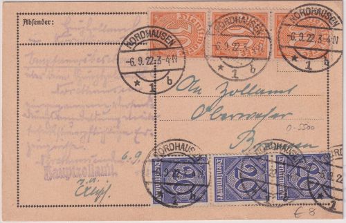 DR-Infla - 3x20+3x30 Pfg. Ziffer Dienstpostkarte Nordhausen - Bremen 6.9.22