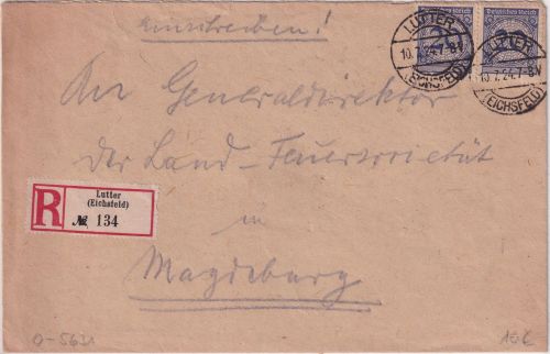 DR - 2x20 Pfg. Korbdeckel Einschreibebrief Lutter (Eichsfeld) - Magdeburg 1924