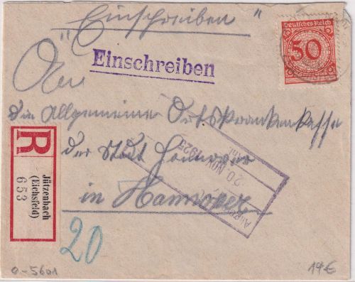 DR - 50 Pfg. Korbdeckel Einschreibebrief Jützenbach (Eichsfeld) - Hannover 1925