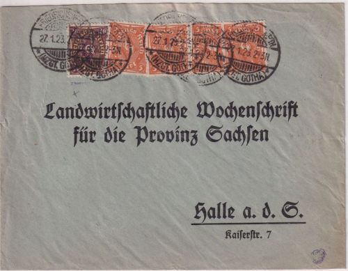 DR-Infla - 4x5+30 M. Posthorn Perfin "EM" Brief Friedrichswerth - Halle 1923