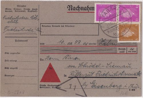 DR - 2x10+3 Pfg. Ebert Nachnahmedrucksache Handwerbestpl. Tabarz 1931