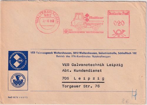 DDR - Waltershausen 1980 20 Pfg AFS "Mulitcar VEB Fahrzeugwerk" Brief n. Leipzig