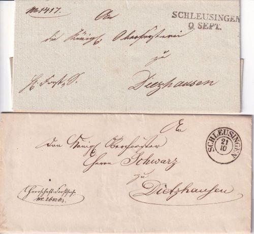 Preussen - Schleusingen 2 Dienstbriefe/Forstsache L2 9. SEPT1843 K2 21/10 1851