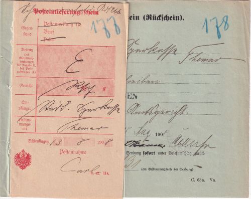 DR - Schleusingen 1908 Rückschein u. Einlieferungsschein für R-Brief/Rückschein