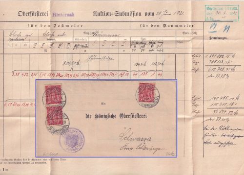 DR-Infla - 40+2x10 Pfg. Ziffer Dienstbrief/Forstsache Hinternah - Schwarza 1921