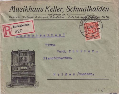 DR - 50 Pfg. Korbdeckel illustr. Firmen-Einschreibebrief Schmalkalden 1926