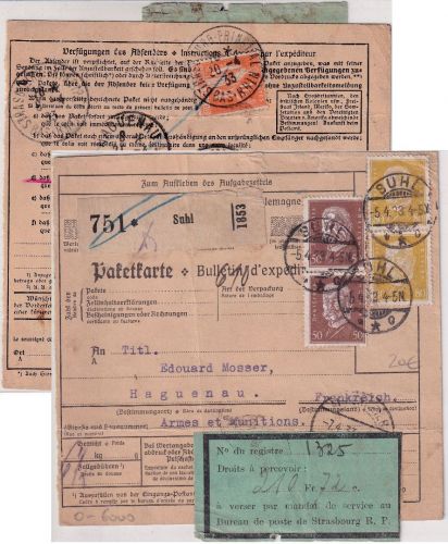 DR - 2x80+2x50 Pfg. Hindenburg Paketkarte n. FRANKREICH Suhl - Haguenau 1933