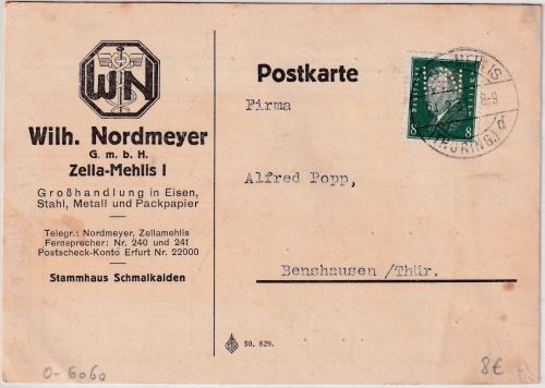 DR - 8 Pfg. Ebert Perfin "WN" Firmenkarte Zella-Mehlis - Benshausen 1931