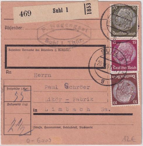 DR - 30+15+10 Pfg. Hindenburg Paketkarte Suhl - Limbach 1941