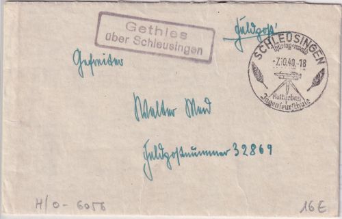 DR - Gethies ü. Schleusingen Landpost-Ra2 Feldpostbrief an Fp.Nr. 32869 7.10.40