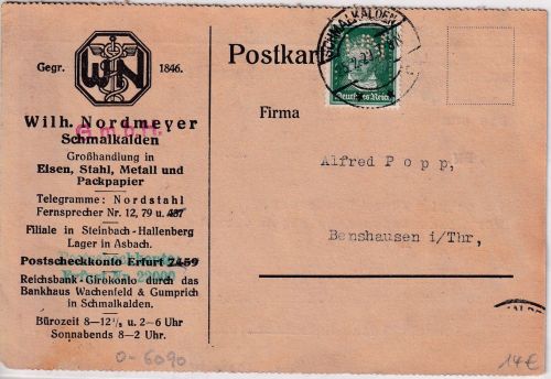 DR - 8 Pfg. Beethoven Perfin "WN" Firmenkarte Zella-Mehlis - Benshausen 1929
