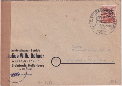 SBZ - 24 Pfg. Arbeiter/Überdruck Zensurbrief Steinbach-Hallenberg Remscheid 1948