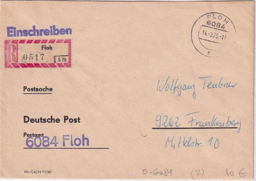 DDR - Floh 1975 Einschreibebrief/portofr. Postsache n. Frankenberg