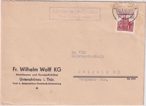 DDR - Unterschönau Kries Schmalkalden Landpost-Ra2 Brief n. Leipzig 1962