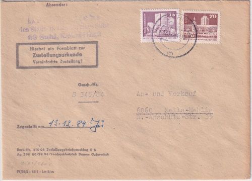 DDR - 70+15 Pfg. Aufbau/Kleinformat Zustellurkunde Suhl - Zella-Mehlis 1984