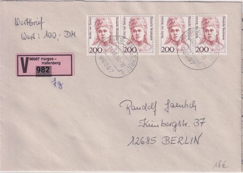 BRD - 4x200 Pfg. Frauen Wertbrief Herges-Hallenberg - Berlin 1994