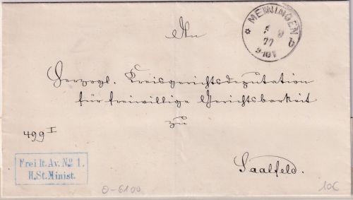 DR - Meiningen 1877 Frei lt. Avers No.1 H.St.Minist. Dienstbrief n. Saalfeld