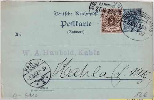 DR - Eisenach Lichtenfels Bahnpost Zug 192 Ganzsache Hildburghausen - Kahla 1902