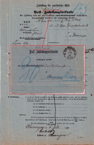 DR - Meiningen 1881 Post-Zustellungs/Behändigungs-Urkunde n. Lissa Nachporto