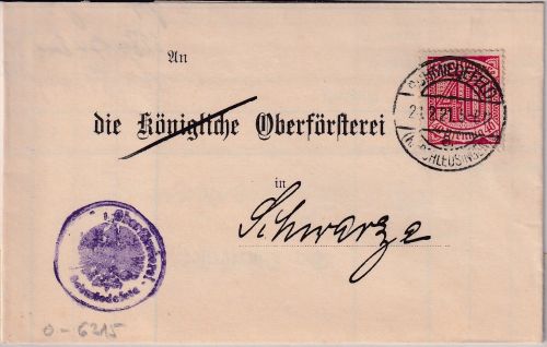 DR-Infla - 40 Pfg. Ziffer Dienstbrief Schmiedefeld - Schwarza 1921