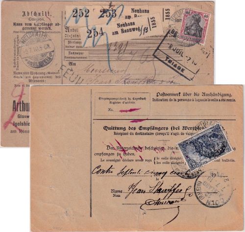 DR - 2 M. Nord/Süd u.a. Paketkarte (3 Pakete) n. BELGIEN Neuhaus a.R. 1910