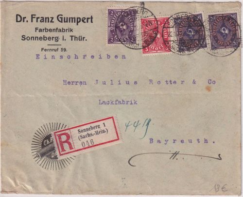 DR-Infla - 2x20 M. Posthorn u.a. Einschreibebrief Sonneberg - Bayreuth 1922