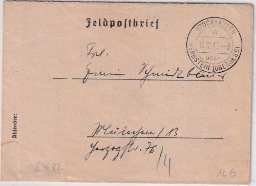 DR - Stockhausen ü. Herbstein 13.12.43 Poststelle I Feldpostbrief n. München