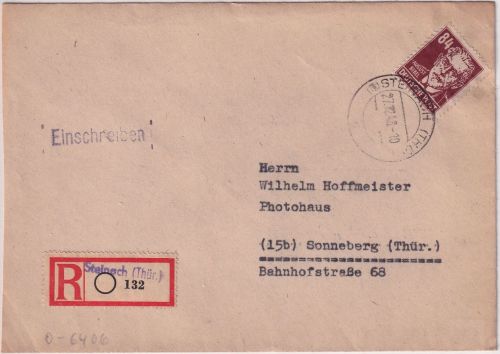 SBZ - 84 Pfg. Bebel Einschreibebrief Steinach (Thür) - Sonneberg 1948