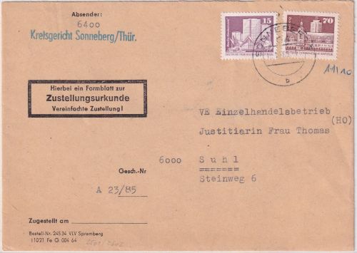 DDR - 70+15 Pfg. Aufbau/Kleinformat Zustellurkunde Sonneberg - Suhl 1985