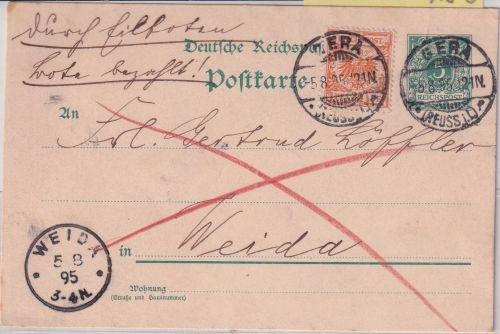 DR - 5 Pfg. K/A Ganzsache + Zusatz Eilkarte Gera - Weida 1895