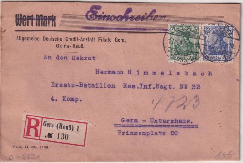 DR - 20+5 Pfg. Germania Ortseinschreibebrief Gera 1916