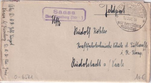 DR - Saasa ü. Eisenberg (Thür.) Landpost-Ra2 Feldpostbrief n. Rudolstadt 1941