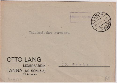 All.Bes. - Tanna 20.9.45 Gebühr bezahlt violetter Ra1 Brief n. Greiz