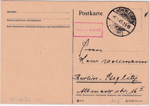 All.Bes. - Hohenleuben (Kr. Greiz) 6.9.45 Gebühr bezahlt Ra1 Karte n. Berlin